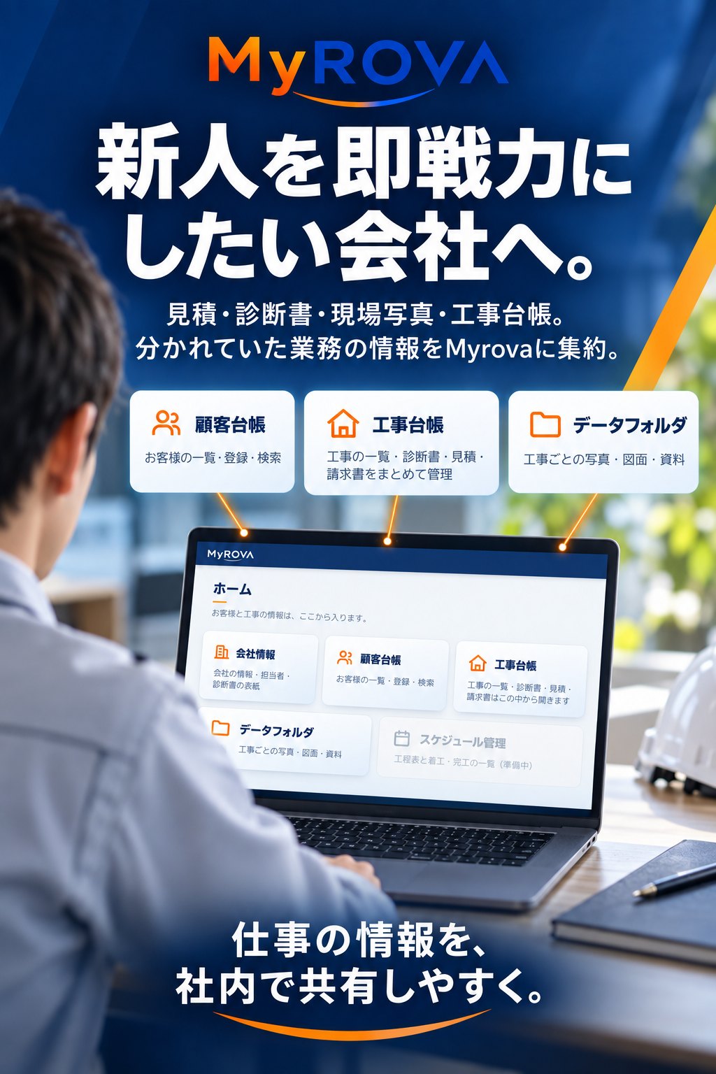 新人を即戦力にしたい会社へ。見積・診断書・現場写真・工事台帳。分かれていた業務の情報をMyrovaに集約。